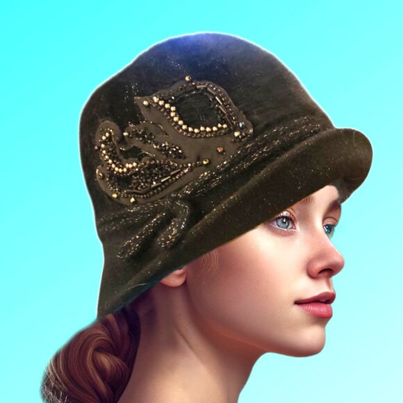Vintage Art Deco Glamour Beaded Applique Brushed Textured Black Cloche Hat main image 4